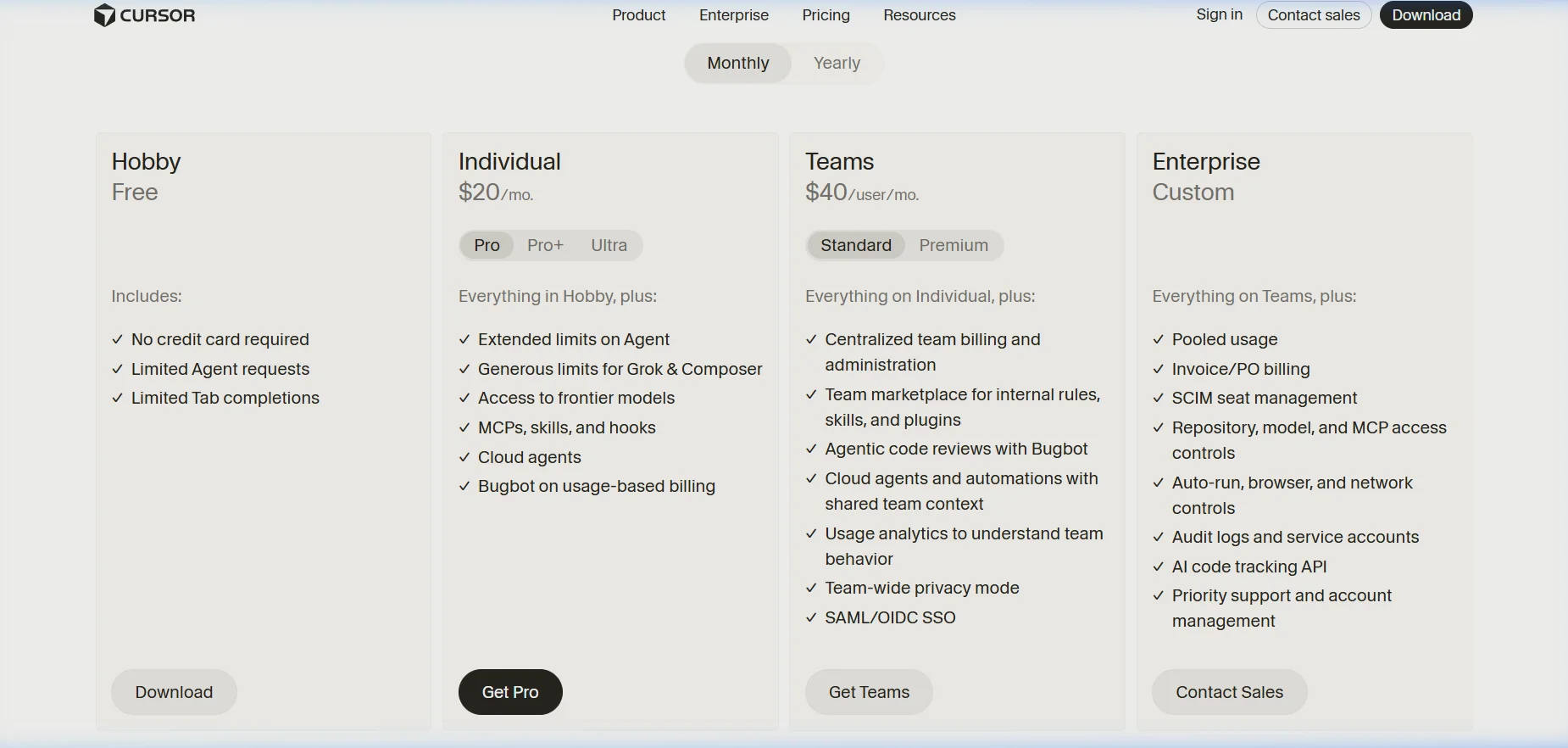 Cursor Editor Pricing Plans Comparison
