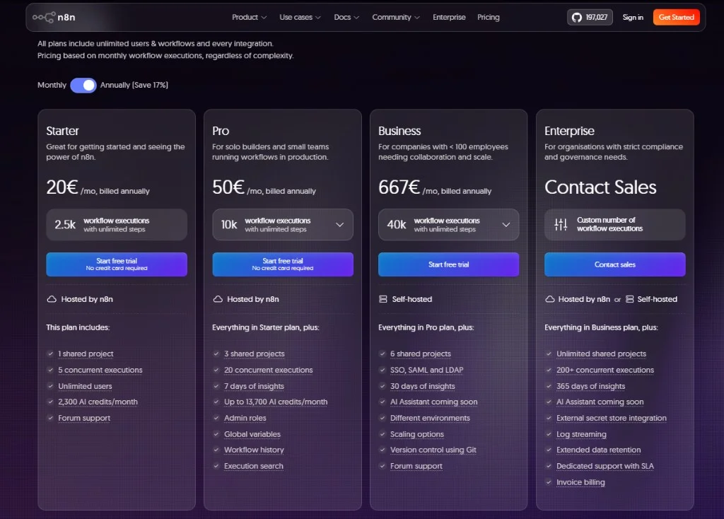 n8n Cloud pricing plans on n8n.io